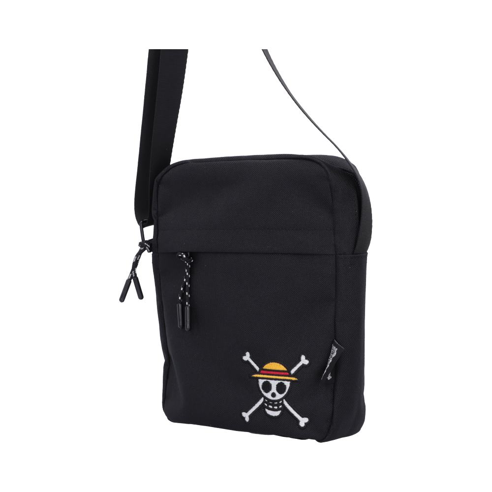 One Piece Luffy Jolly Roger Crossbody Bag Black - Angled view of zipped pockets and black strap