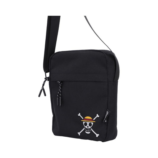 One Piece Luffy Jolly Roger Crossbody Bag Black - Angled view of zipped pockets and black strap