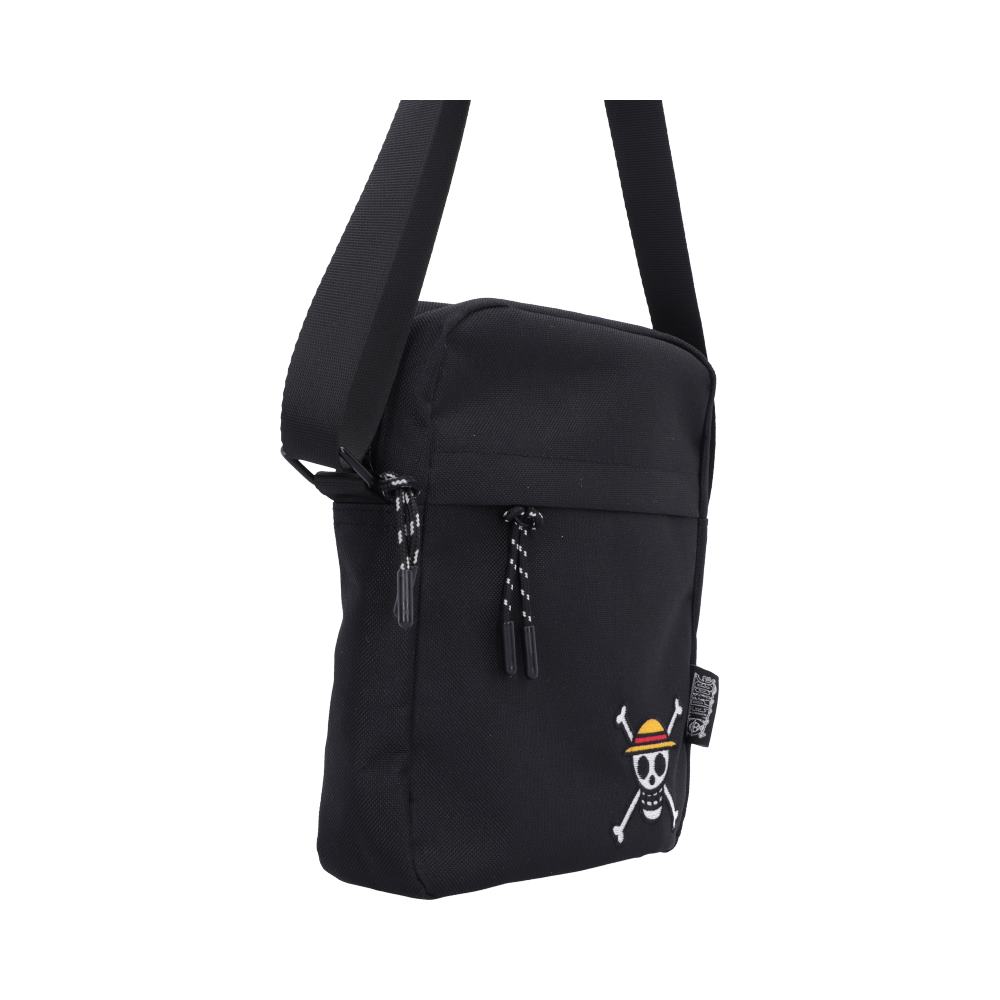 One Piece Luffy Jolly Roger Crossbody Bag Black - Side view of compact body and shoulder strap fittings