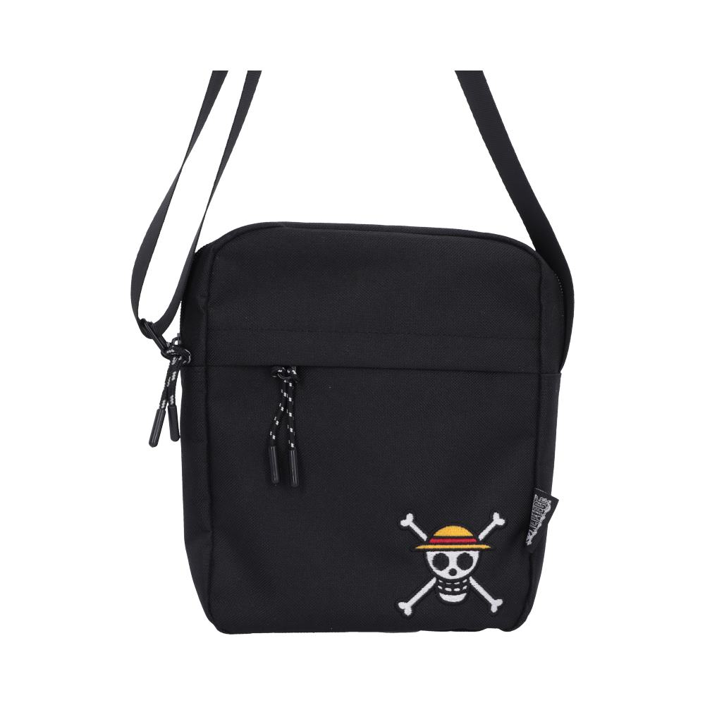 One Piece Luffy Jolly Roger Crossbody Bag Black - Front view of black bag with small Straw Hat emblem