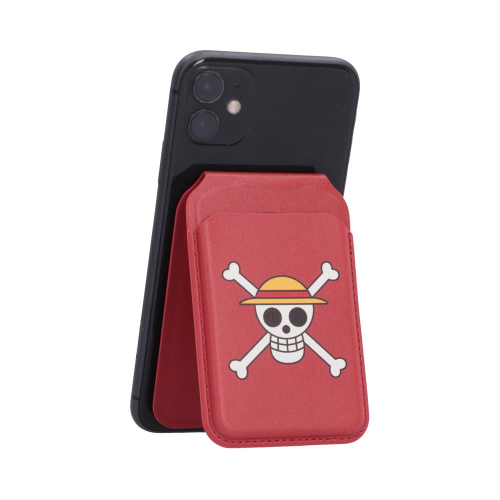 One Piece Jolly Roger MagSafe Card Holder Red - Red holder attached to a portrait-oriented phone