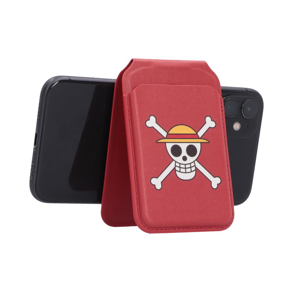 One Piece Jolly Roger MagSafe Card Holder Red - Holder supporting a landscape-oriented phone