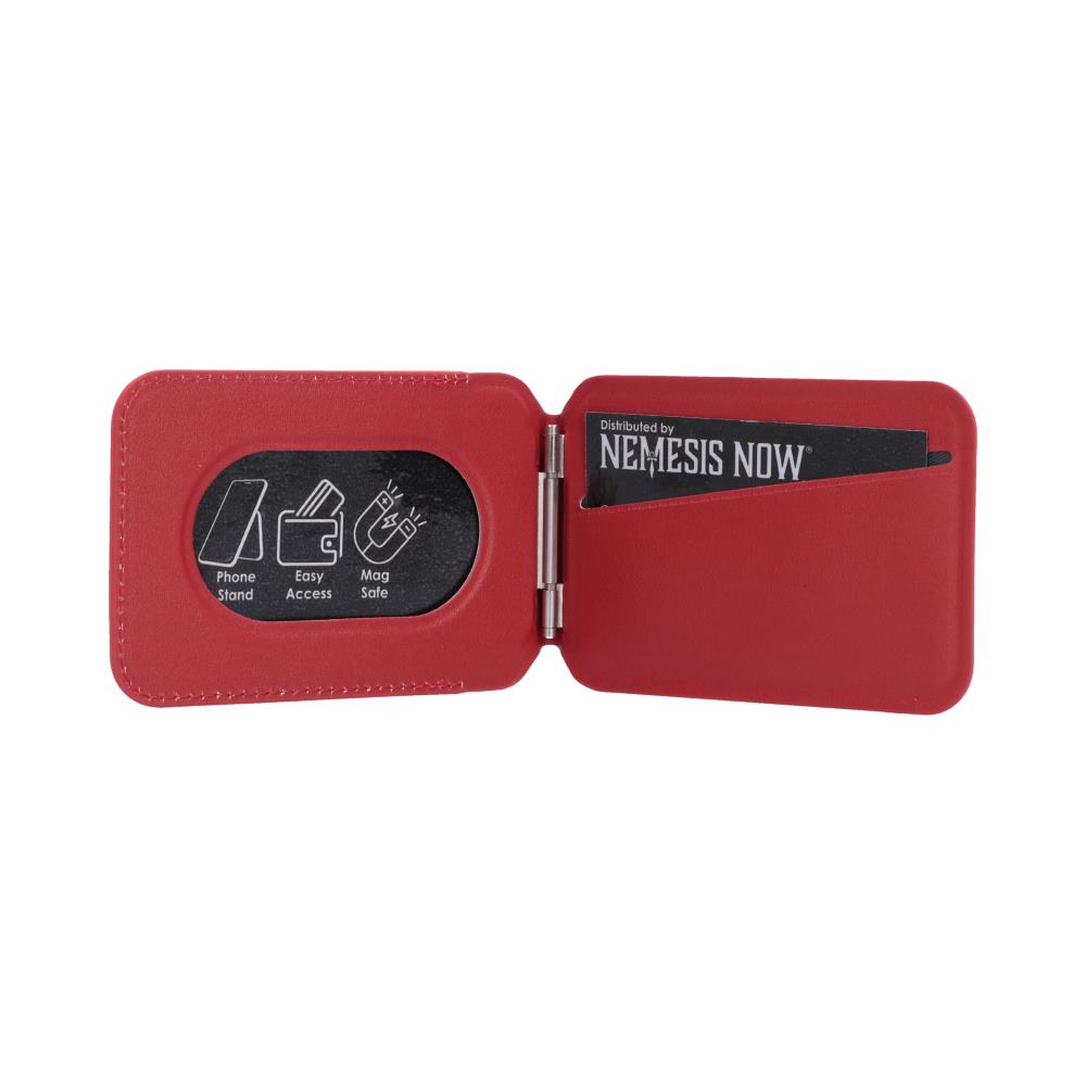 One Piece Jolly Roger MagSafe Card Holder Red - Red card holder unfolded flat with inner panels visible