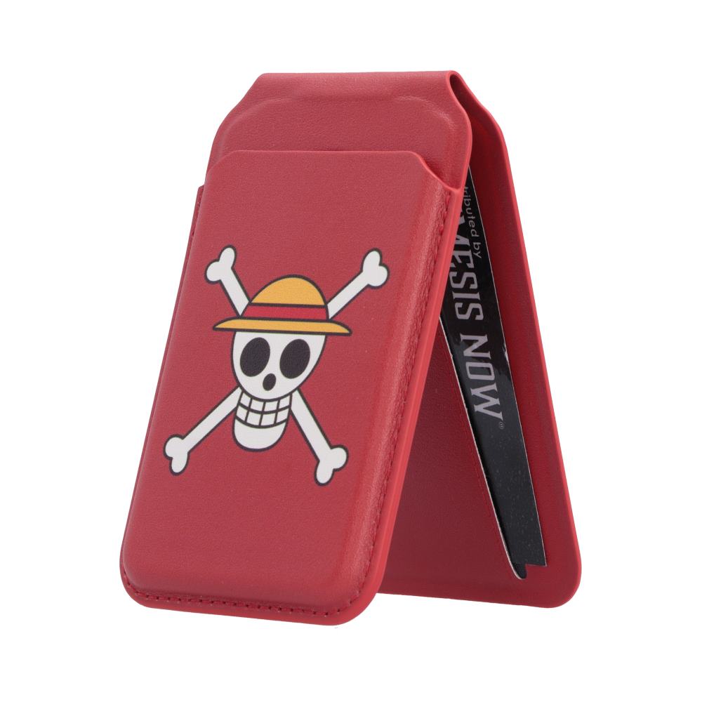 One Piece Jolly Roger MagSafe Card Holder Red - Red card holder folded into stand with Straw Hat skull emblem