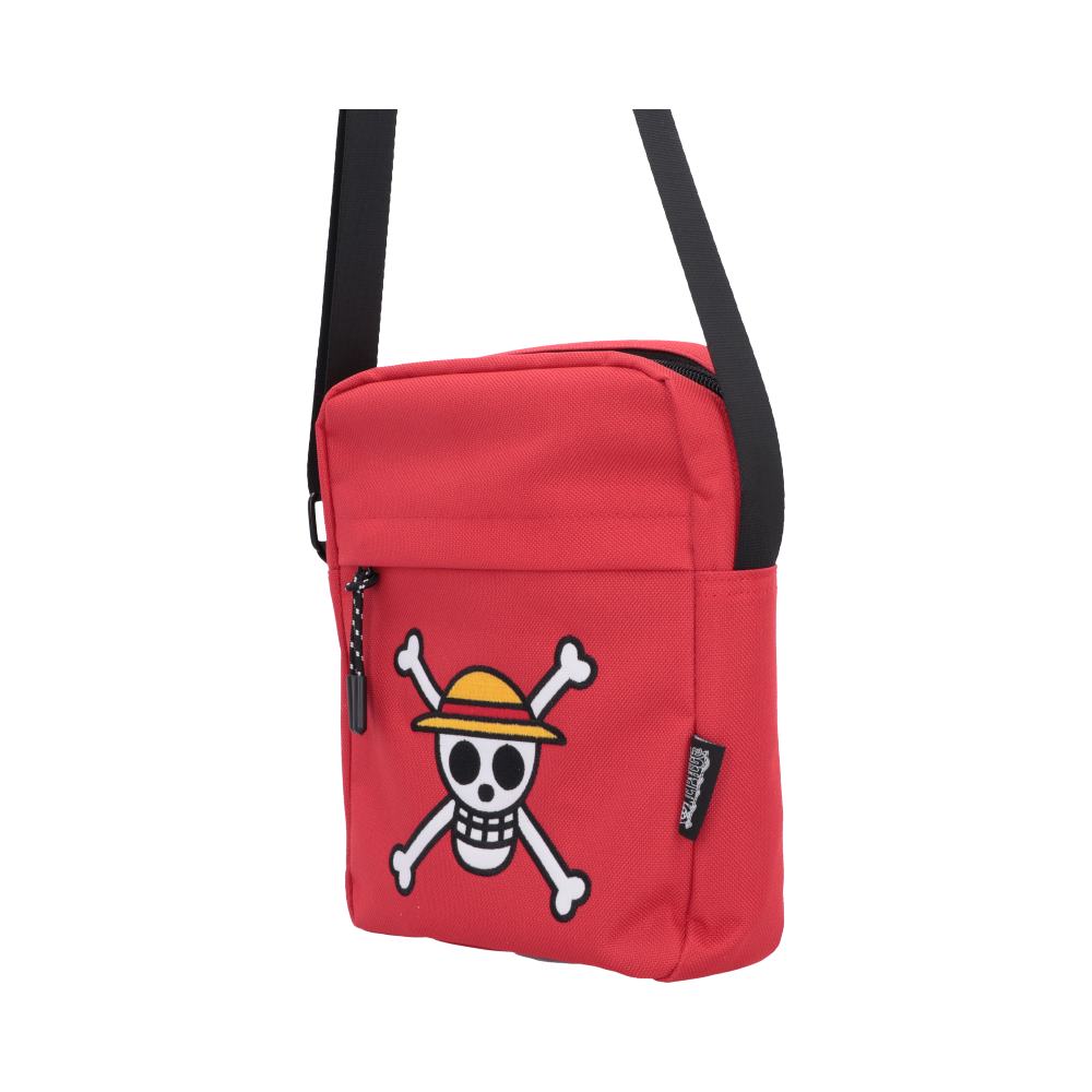 One Piece Luffy Jolly Roger Crossbody Bag Red - Angled view of red pockets and black zip fittings