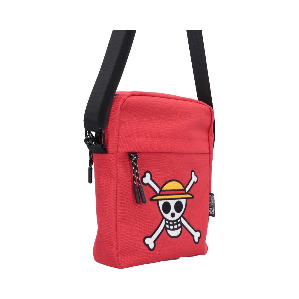 One Piece Luffy Jolly Roger Crossbody Bag Red - Side view of compact red body and shoulder strap