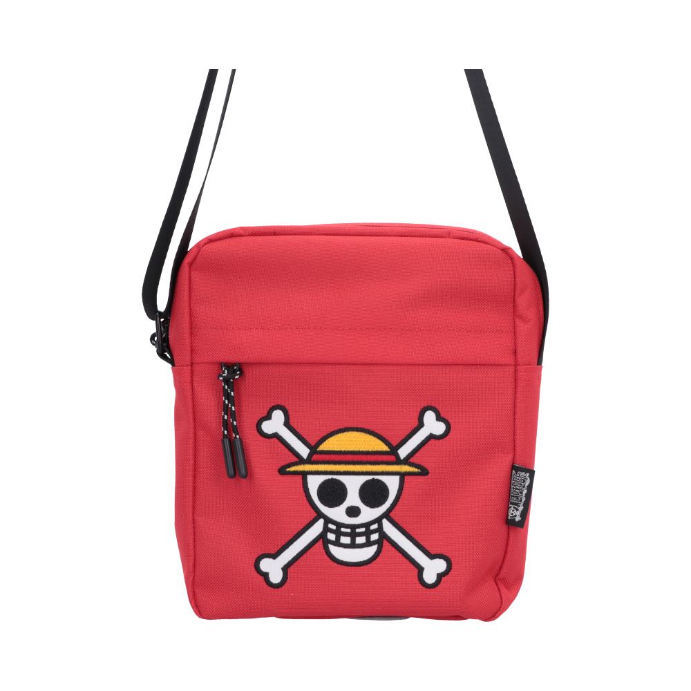 One Piece Luffy Jolly Roger Crossbody Bag Red - Front view of red bag with large Straw Hat skull emblem