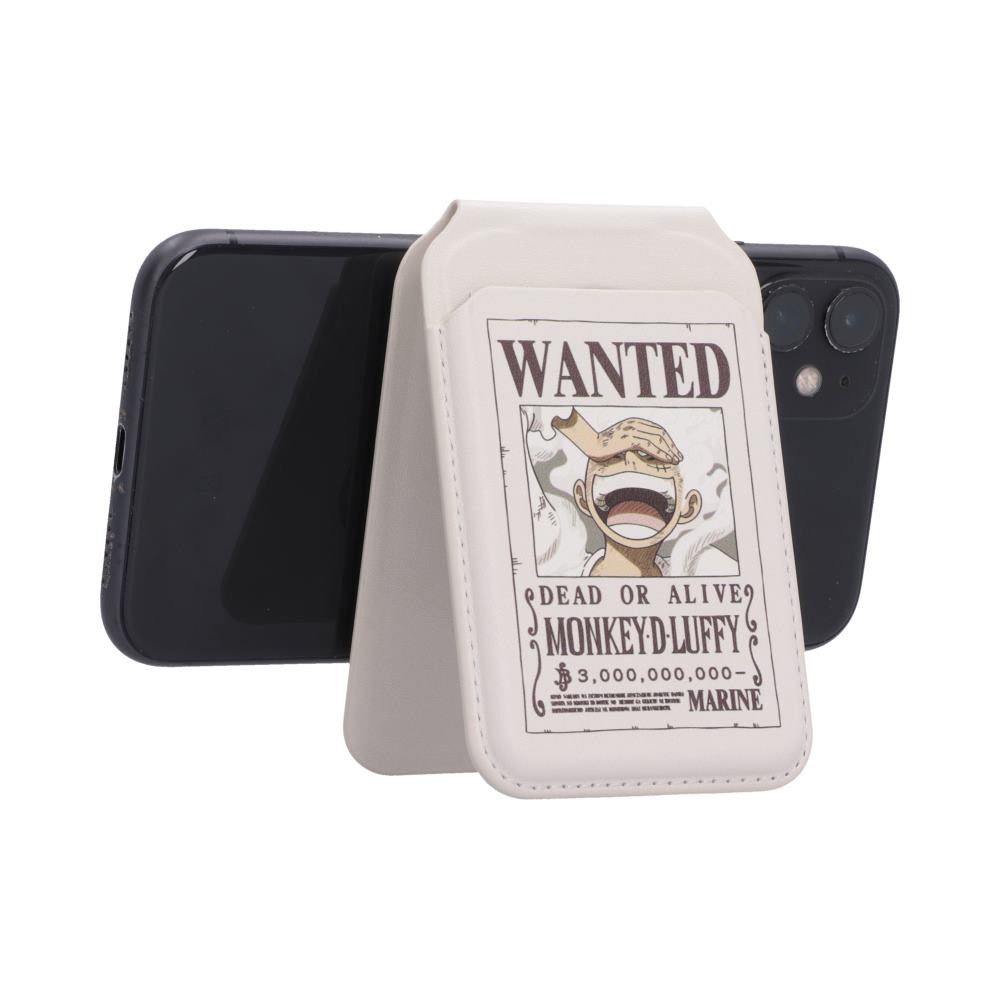 One Piece Luffy Wanted Poster MagSafe Card Holder - Pale holder supporting a landscape-oriented phone