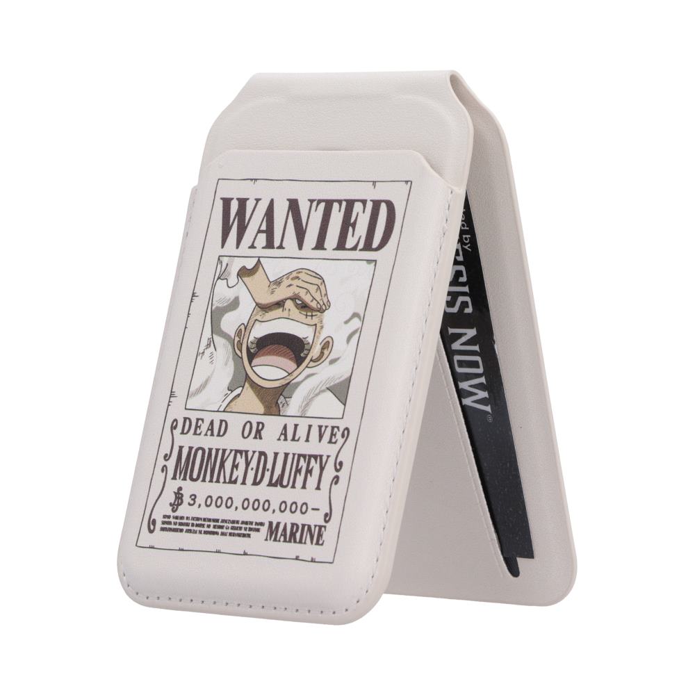 One Piece Luffy Wanted Poster MagSafe Card Holder - Pale wanted-poster holder folded into a stand