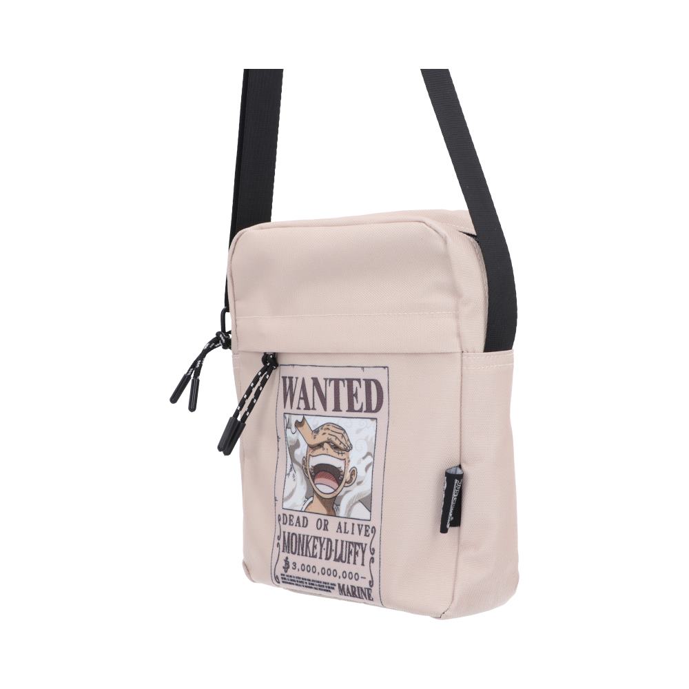One Piece Luffy Wanted Poster Crossbody Bag - Angled view of poster pocket and black strap