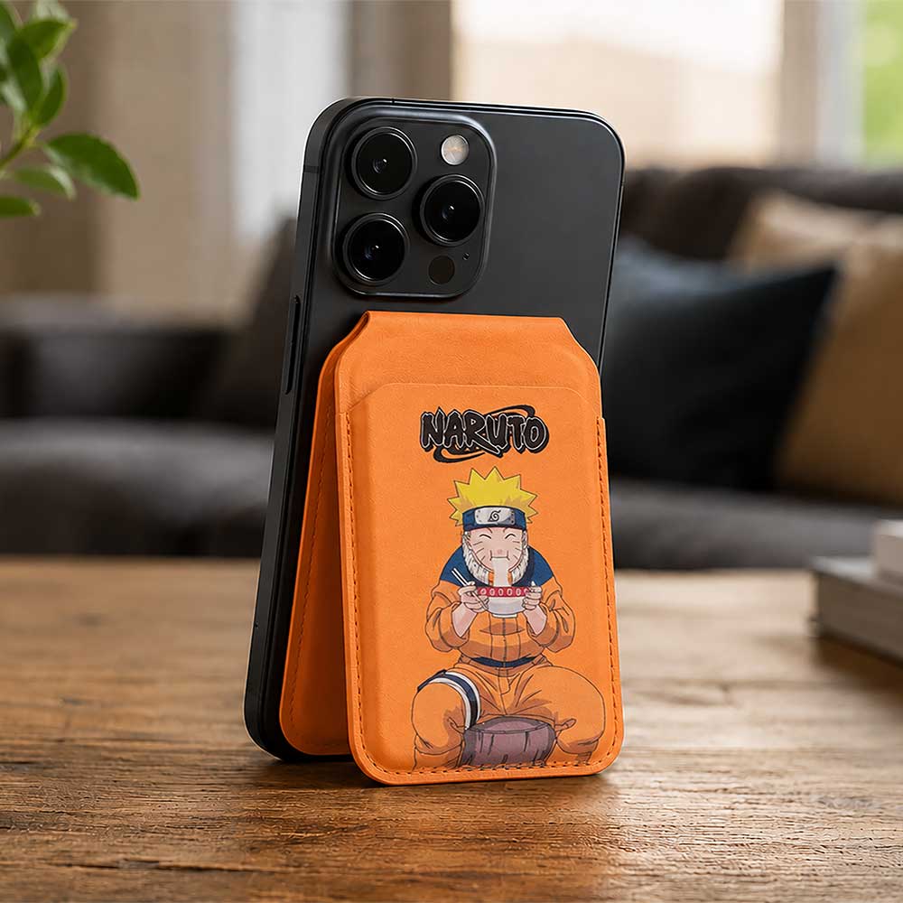 Naruto Ramen MagSafe Card Holder - Naruto ramen holder attached to phone on wooden table