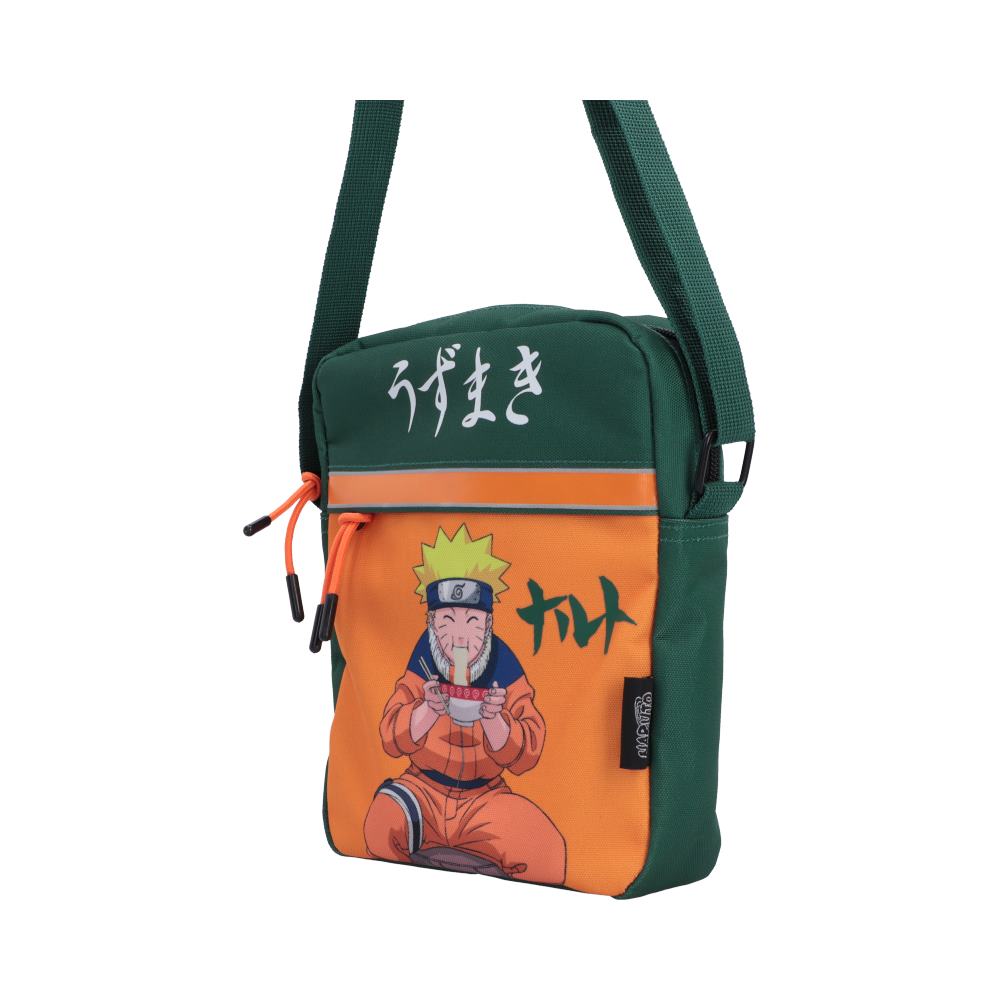 Naruto Ramen Crossbody Bag - Angled view of green strap and orange zipped pocket