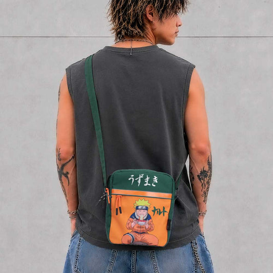 Naruto Ramen Crossbody Bag - Green and orange Naruto bag worn with a dark top
