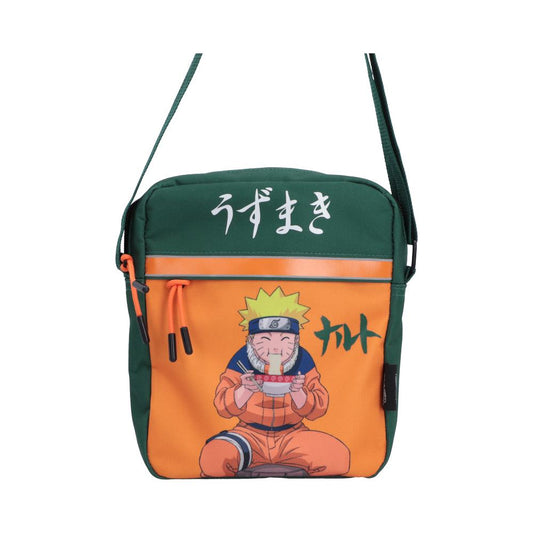 Naruto Ramen Crossbody Bag - Front view of orange ramen artwork framed by green fabric
