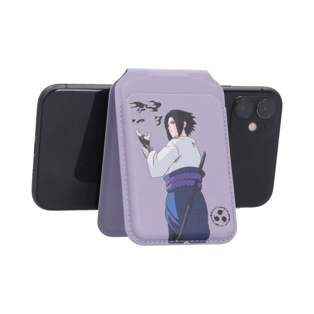 Naruto Sasuke MagSafe Card Holder - Purple holder supporting a landscape-oriented phone
