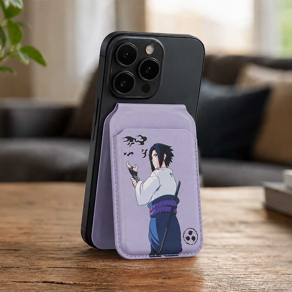 Naruto Sasuke MagSafe Card Holder - Purple Sasuke holder attached to phone on wooden table