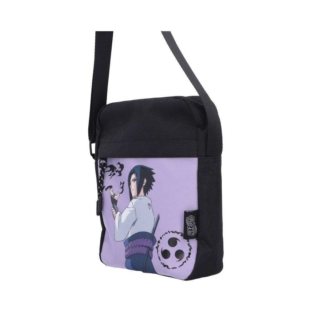 Naruto Sasuke Crossbody Bag - Angled view of black strap and character pocket