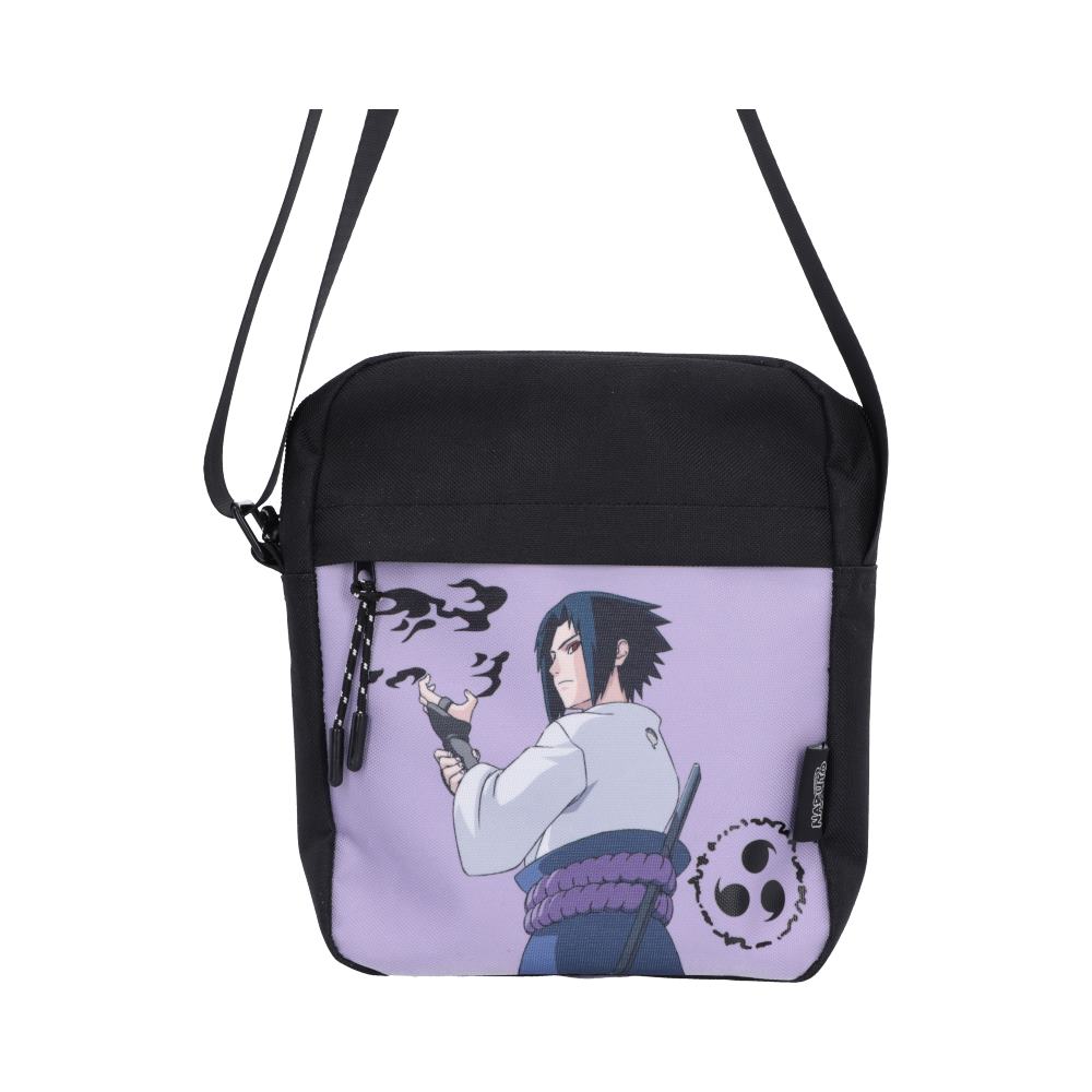 Naruto Sasuke Crossbody Bag - Front view of Sasuke purple portrait panel on black bag