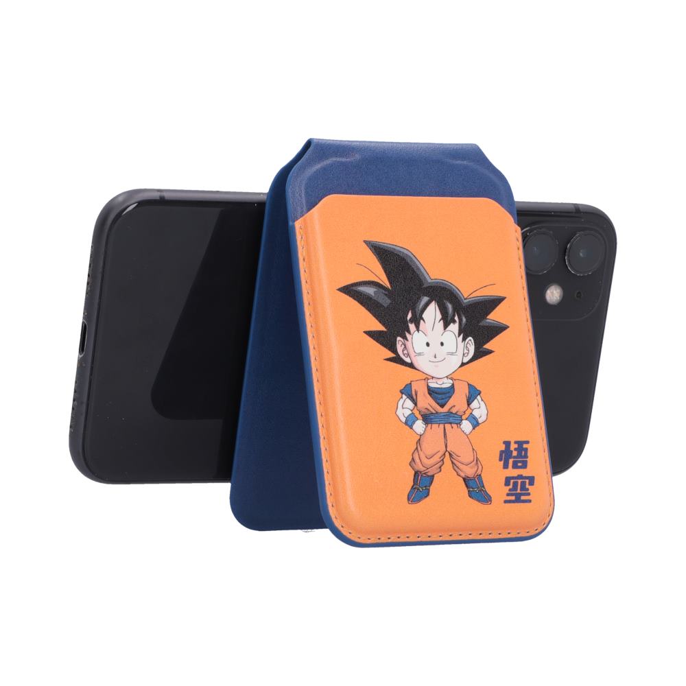 Dragon Ball Z Goku MagSafe Card Holder - Blue-edged holder supporting a landscape-oriented phone