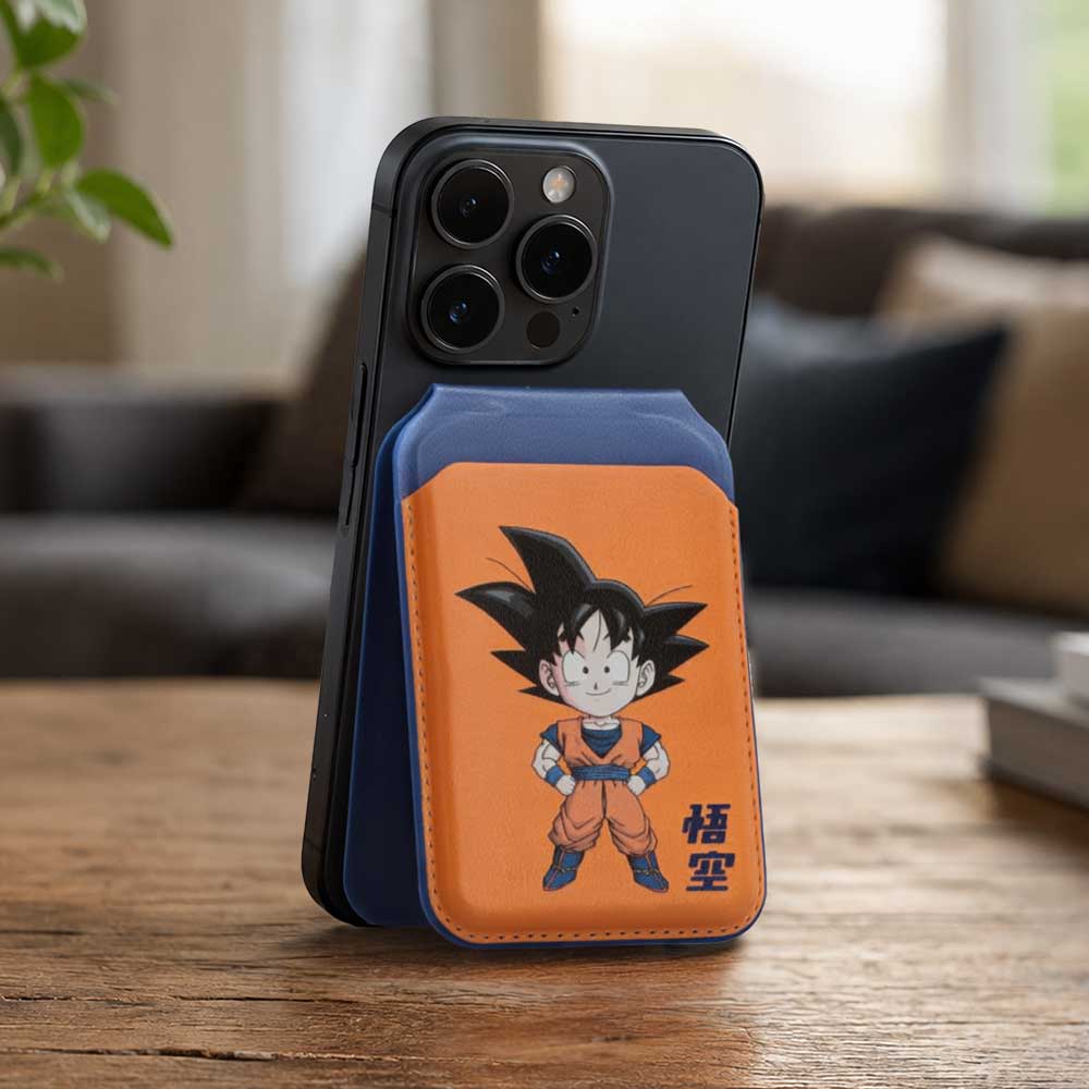 Dragon Ball Z Goku MagSafe Card Holder - Black-haired Goku holder attached to phone on wooden table
