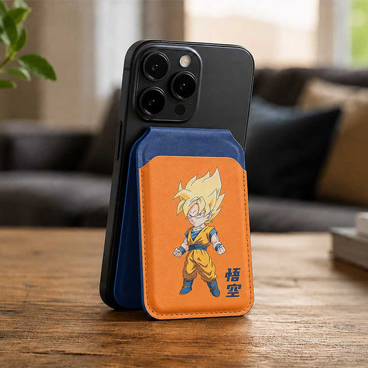 Dragon Ball Z Super Saiyan Goku MagSafe Holder - Golden-haired Goku holder attached to phone on wooden table