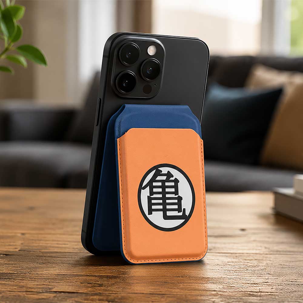 Dragon Ball Z Kame Symbol MagSafe Card Holder - Kame symbol holder attached to phone on wooden table