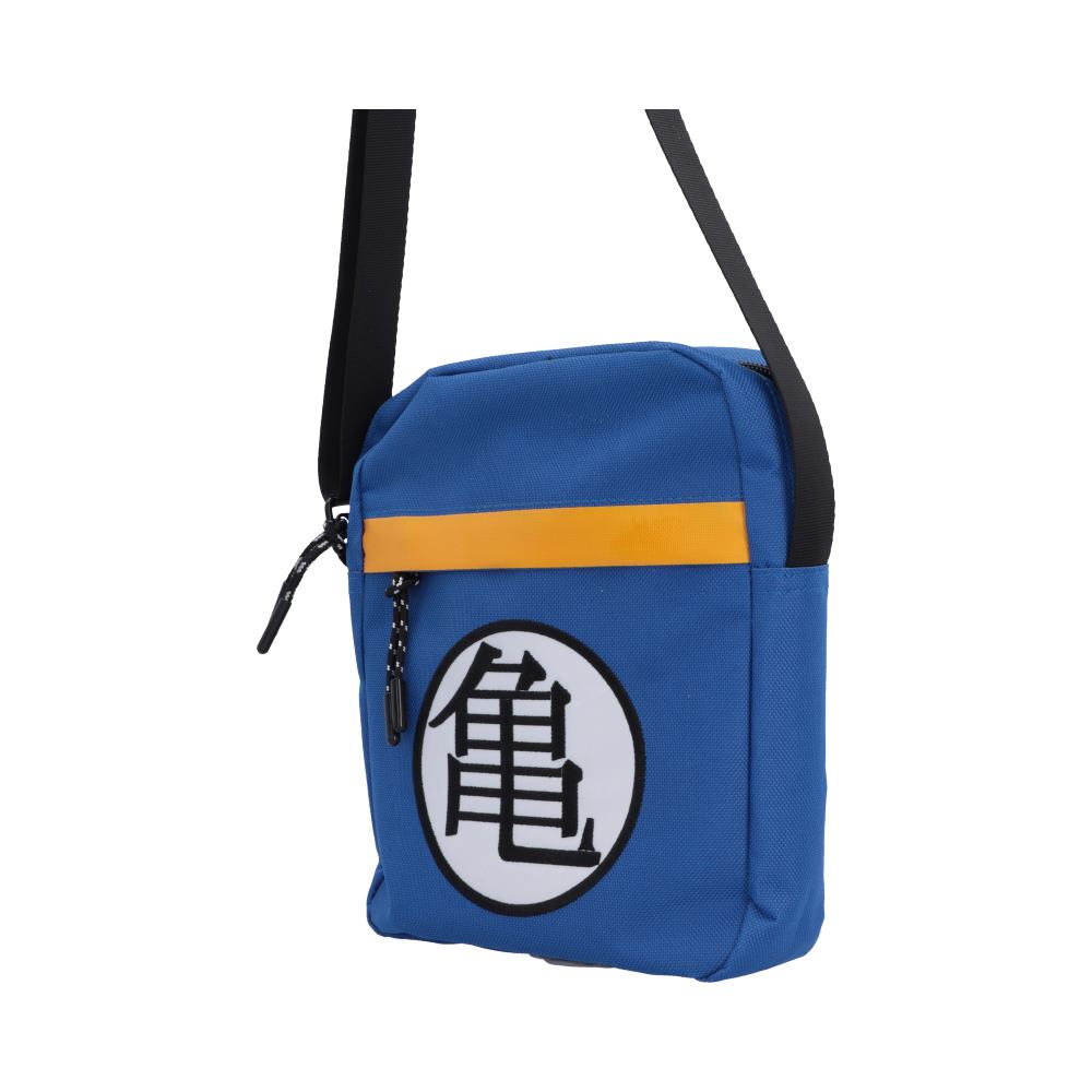 Dragon Ball Z Kame Symbol Crossbody Bag - Angled view of blue pockets and black strap