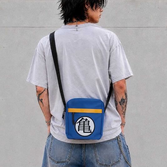 Dragon Ball Z Kame Symbol Crossbody Bag - Blue Kame symbol bag worn with a pale grey top