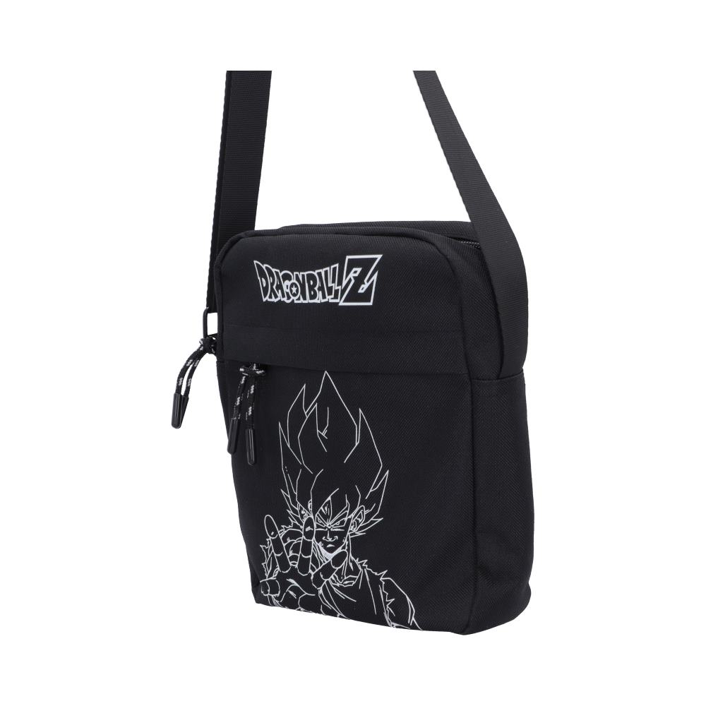 Dragon Ball Z Super Saiyan Goku Crossbody Bag Black - Angled view of Dragon Ball Z logo and front pocket