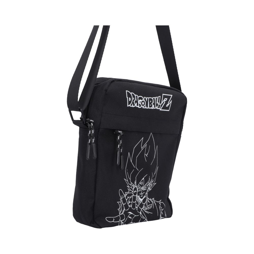 Dragon Ball Z Super Saiyan Goku Crossbody Bag Black - Side view of monochrome Goku artwork and zip fittings
