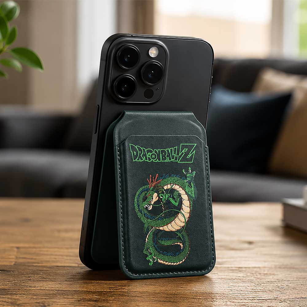 Dragon Ball Z Shenron MagSafe Card Holder - Shenron holder attached to phone on wooden table