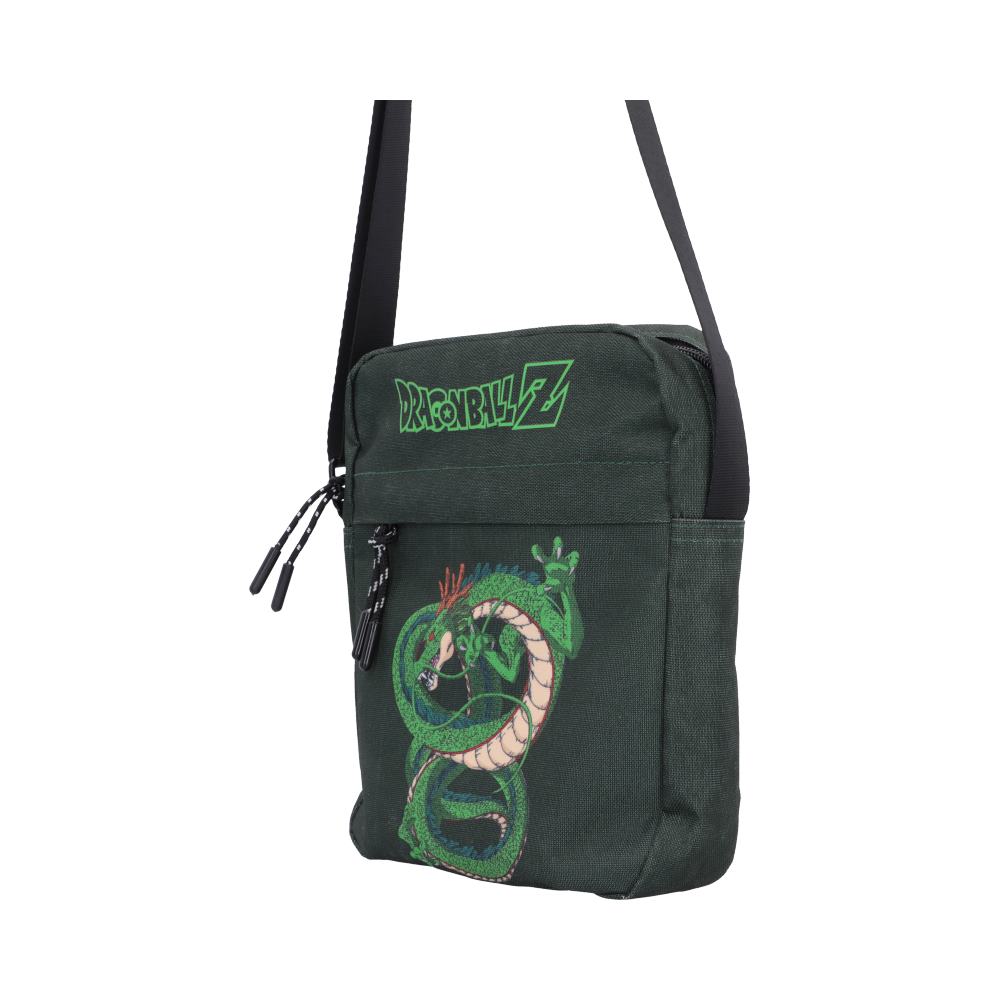 Dragon Ball Z Shenron Crossbody Bag - Angled view of green logo and black strap fittings