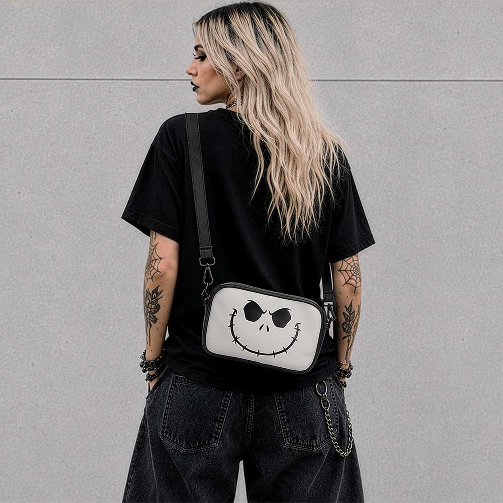 Nightmare Before Christmas Jack Shoulder Bag - Jack shoulder bag worn against an all-black outfit