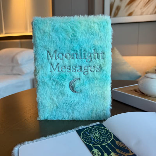 Pale green plush Moonlight Messages dream journal with silver celestial detailing and crescent moon design