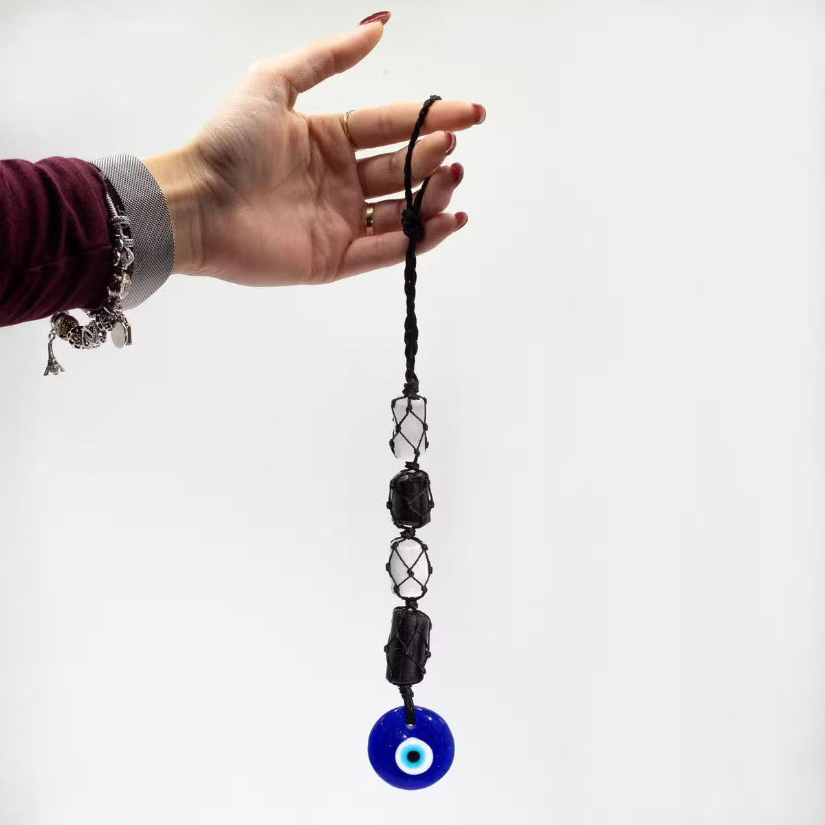 Hanging Stone Pendant - Black Tourmaline & Selenite Tumble- Evil Eye