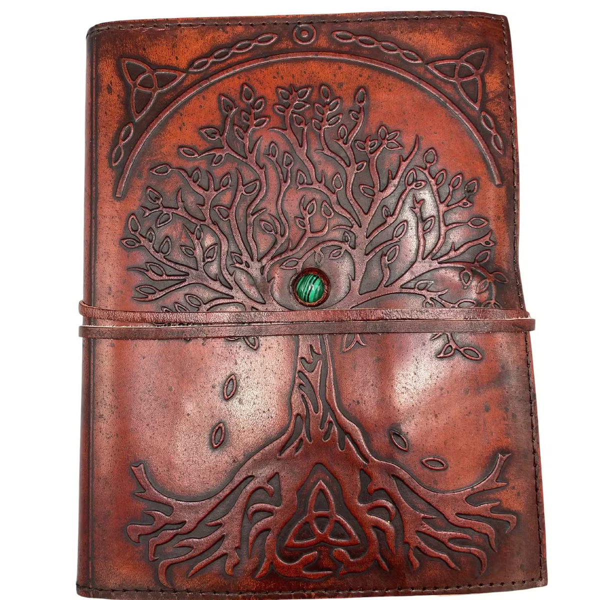 Large Tree of Life leather journal with decorative stone wrap tie and 160 lined pages 20cm UK