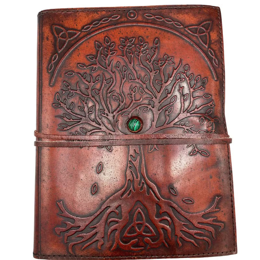 Large Tree of Life leather journal with decorative stone wrap tie and 160 lined pages 20cm UK