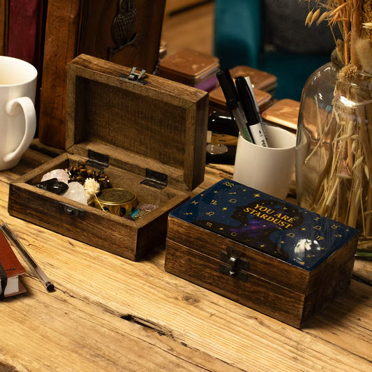You Are Stardust medium enamelled mango wood box with galaxy silhouette stars and zodiac symbols