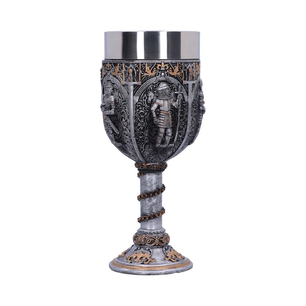 A silver-colored metal goblet features embossed armored figures around its cup. The stem is wrapped with a rope design, and the base is ornate, all on a white background.