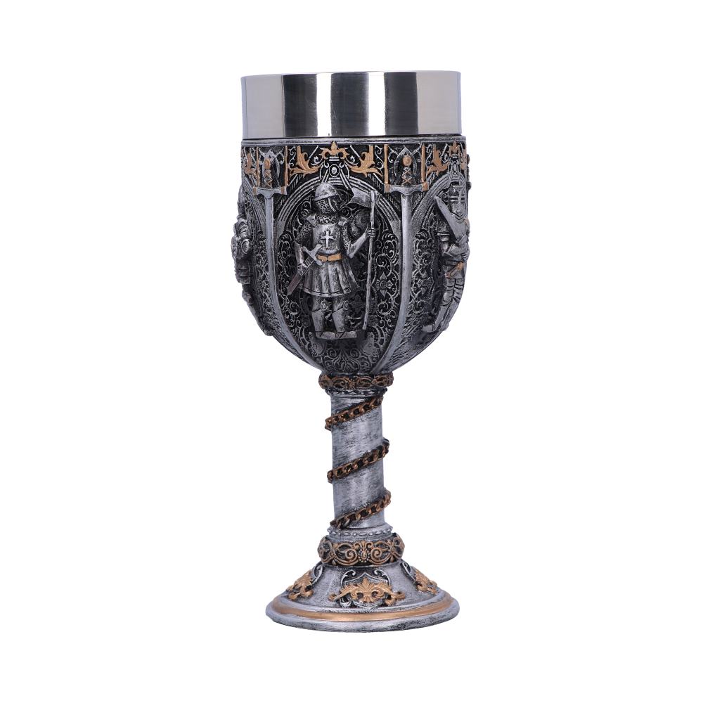 A decorative silver goblet stands upright. The goblet's body features knight figures in relief, and a twisted rope design wraps around the stem on a white background.