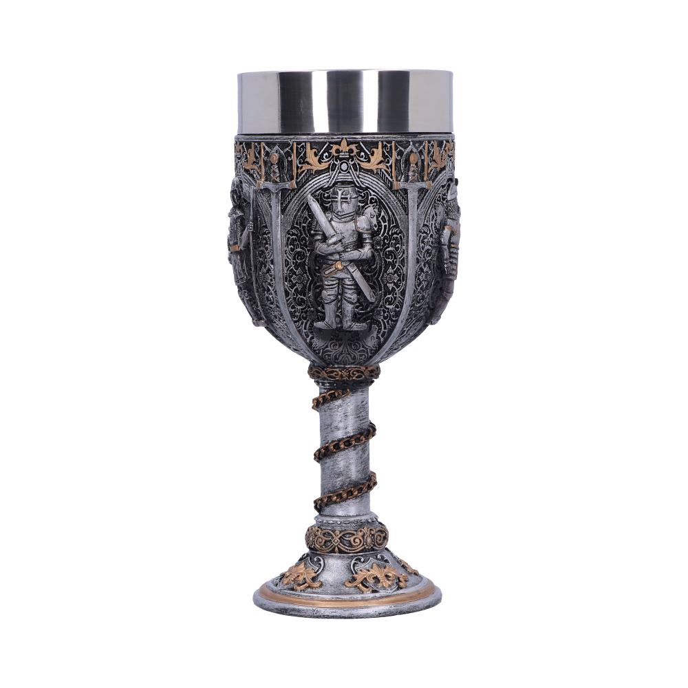 Ornate goblet features embossed knights encircling its pewter cup, supported by a spiraling, metallic, filigree stem and decorative base, set against a white background.