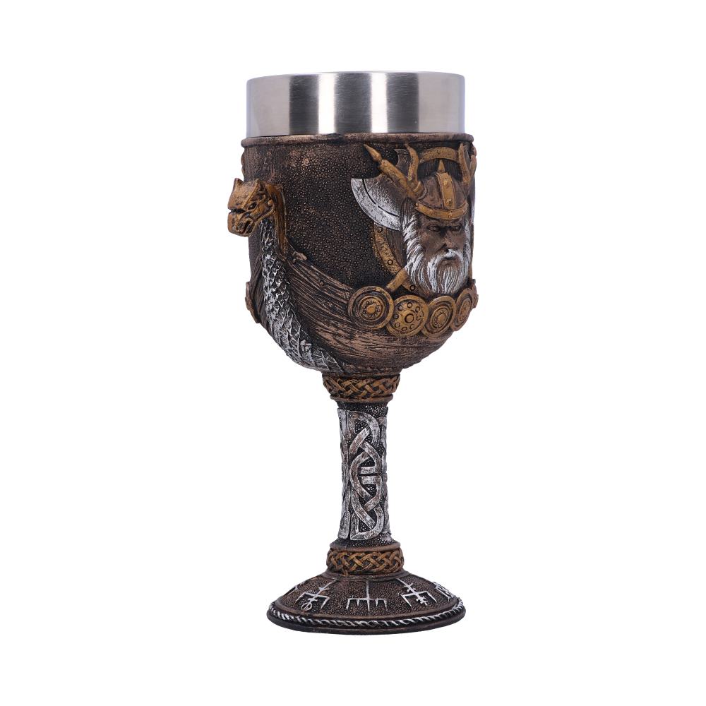 An ornately designed, bronze and silver goblet features Viking imagery on its cup. The goblet stands on a Celtic-knotted stem and a wide base with runes, against a white background.