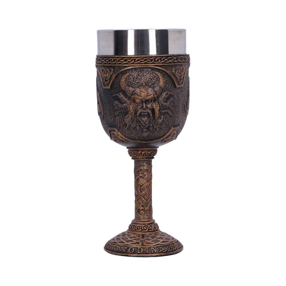 A bronze colored chalice with "ODIN" inscribed on its base has a metal cup and features a Norse god face on its bowl, all set against a white background.