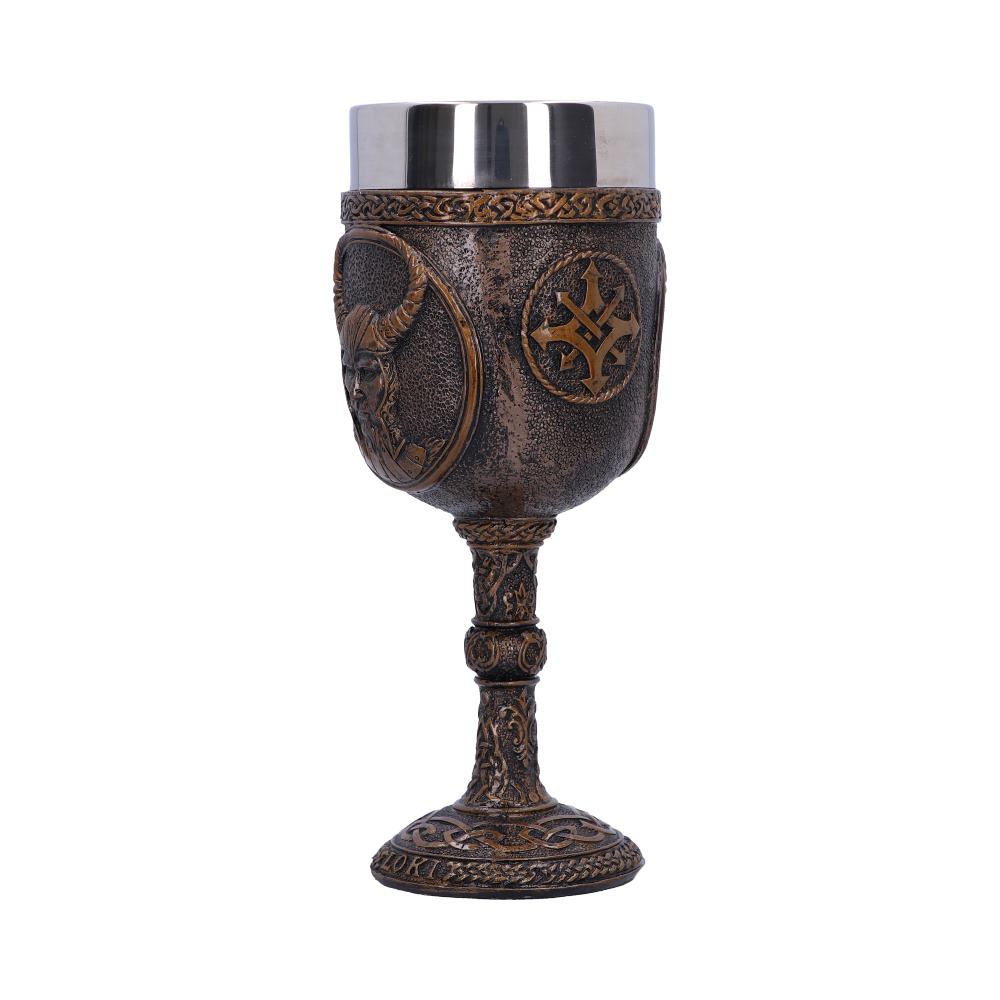 An ornate, bronze-colored chalice with a stainless steel interior sits against a white background. The body features embossed Viking-style designs, and “LOKI” is inscribed around the base.