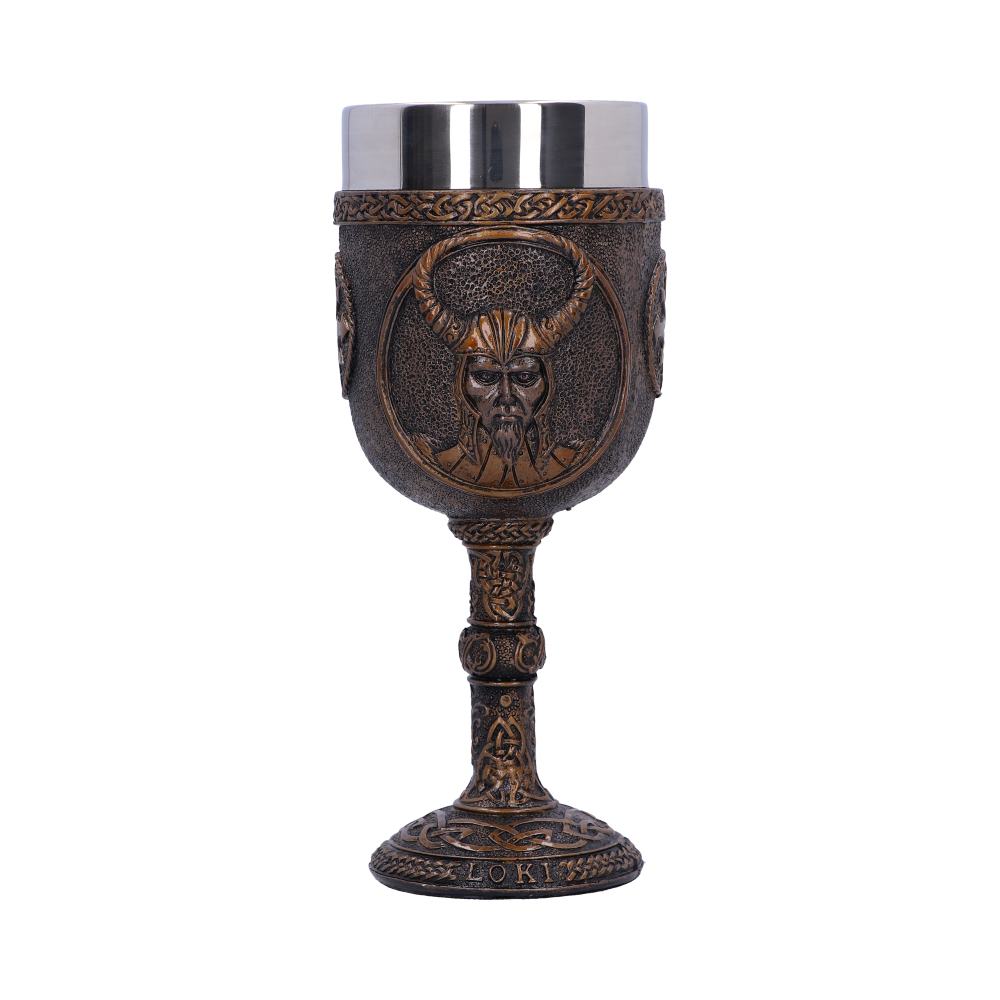 The goblet, featuring a metallic insert and bronze exterior, showcases "LOKI" inscribed on its base, along with raised carvings of a horned man’s face and Celtic knot patterns.