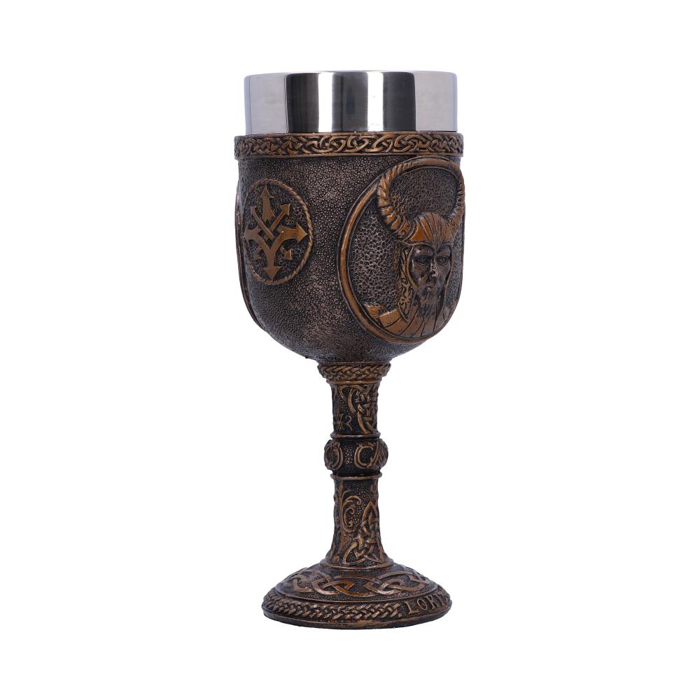 An ornate goblet stands tall, showcasing Viking-themed embossed designs on its dark, textured body. It has a bright stainless steel interior and rests on a base with "LON" etched into it.
