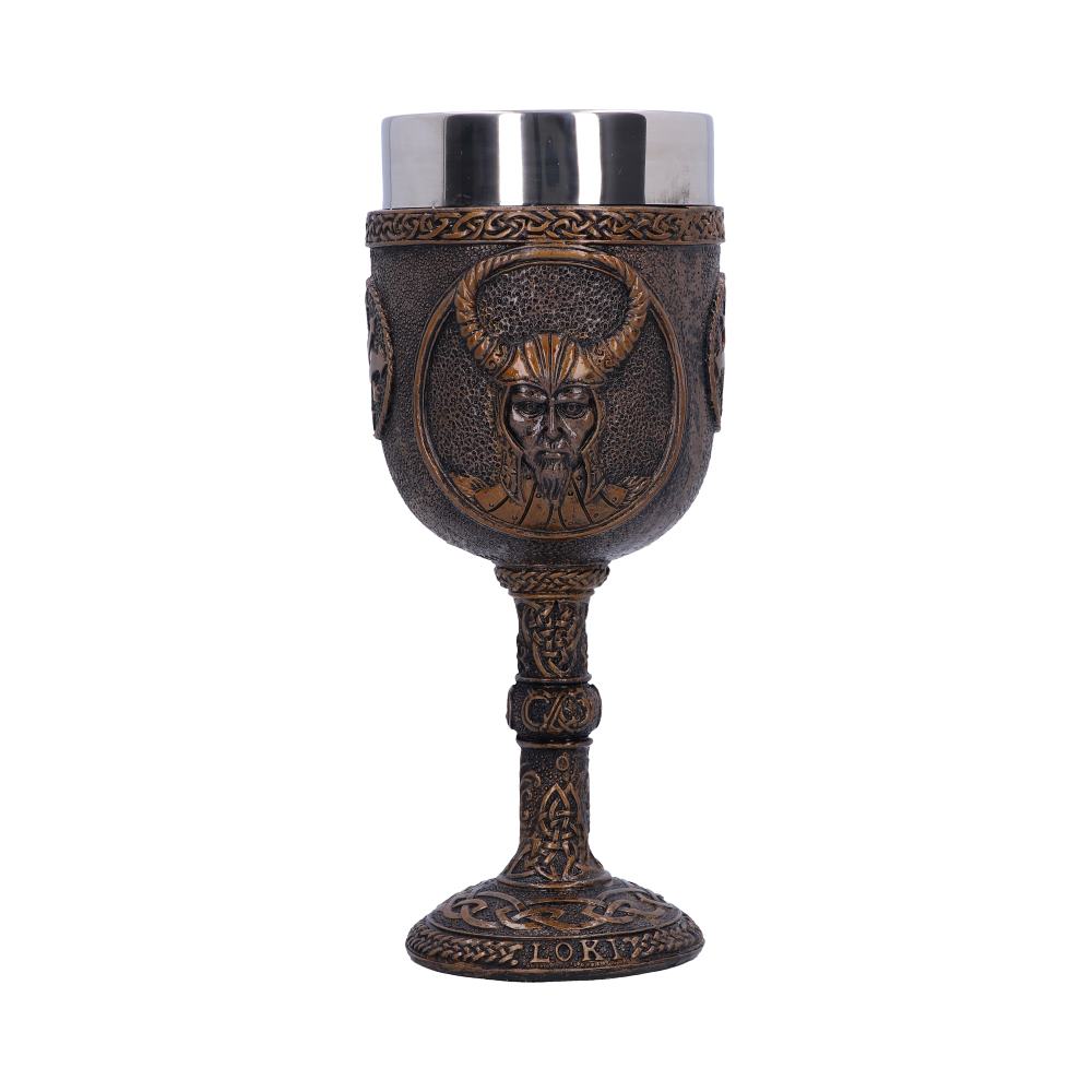 A tarnished gold goblet features a raised portrait of Loki. The metal-lined cup rests on a base etched with “LOKI”, all isolated against a bright white background.