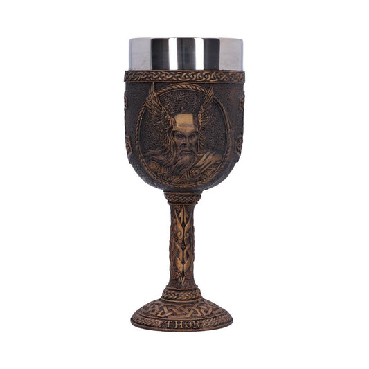 A bronze-colored goblet features the face of Thor with wings on the main cup. The top is silver, and the word "THOR" is embossed on the goblet’s base.