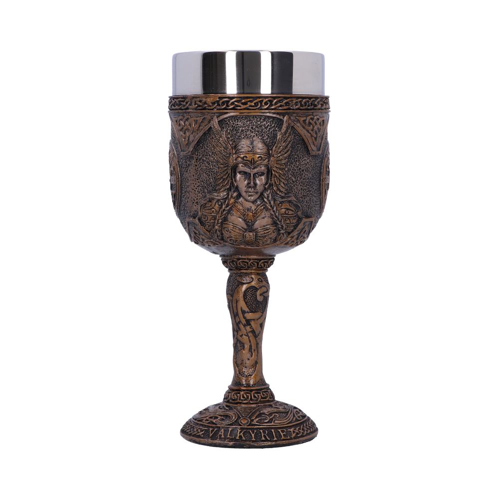 An ornate bronze-colored goblet displays a carved female warrior figure. The base reads "VALKYRIE." The goblet has a silver-colored interior and sits on a white background.