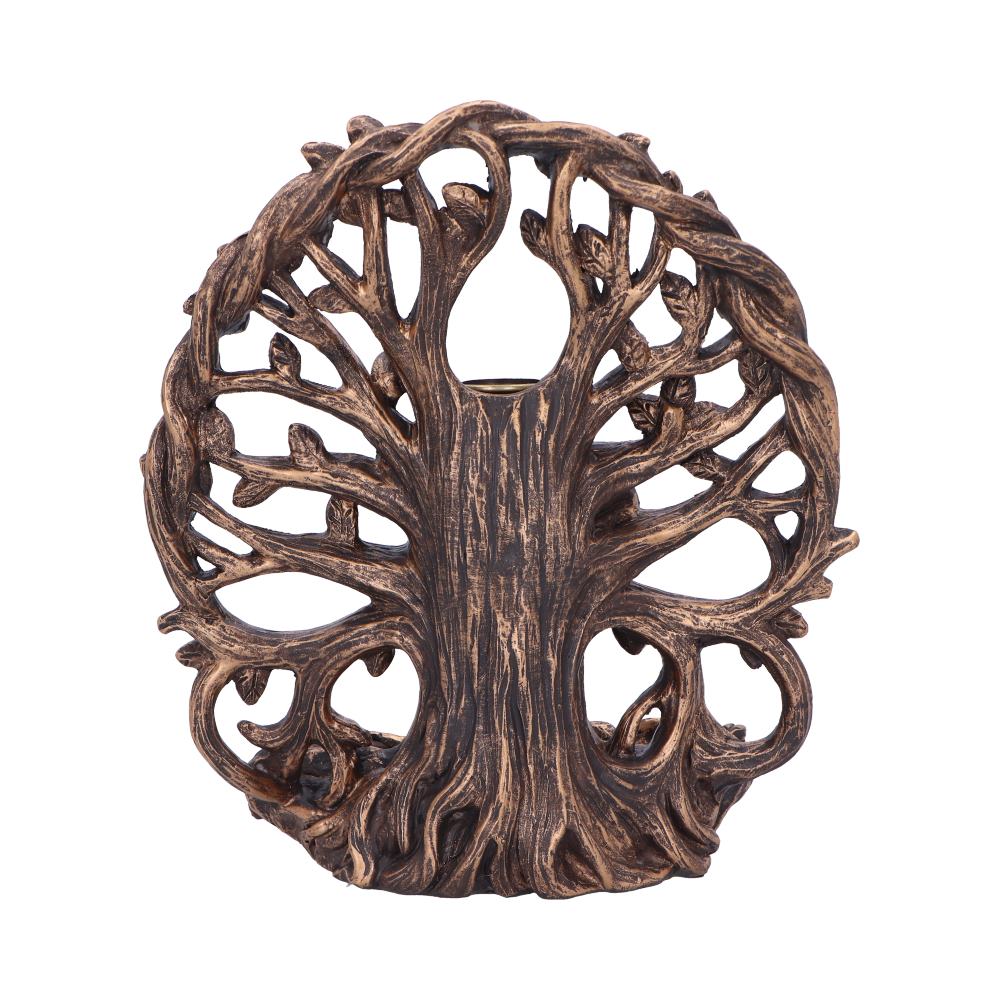 A brown tree sculpture features intricately carved branches forming a circular pattern, standing against a plain white background, emphasizing its detailed design and artistic craftsmanship.